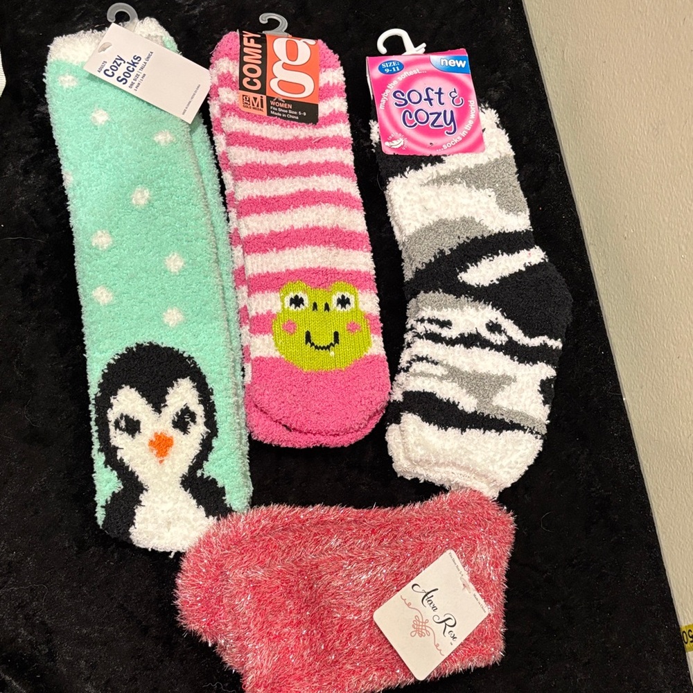Cozy Womens Fuzzy Socks Set - Pink, Black, Green, White